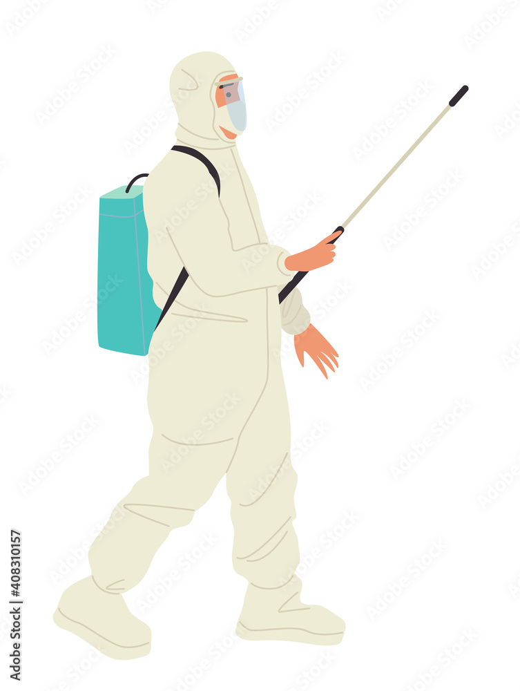 Man in costume doing disinfection. Flat design illustration. Vector