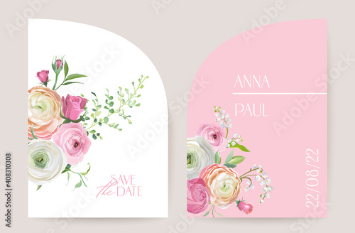 Modern minimal Art Deco wedding vector Invitation set. Boho ranunculus, rose, lily card template