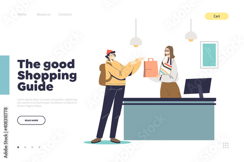 Shopping guide concept of landing page with man in retail store at cashier at checkout counter