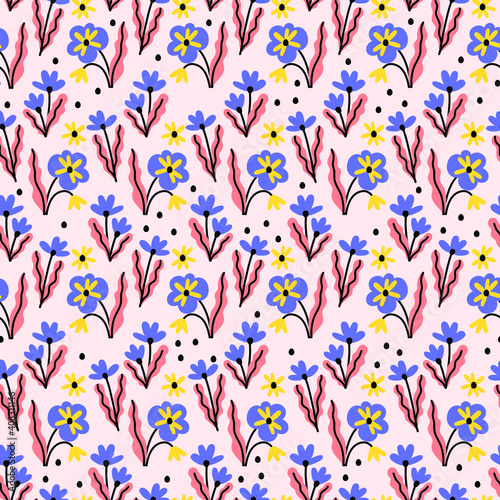 Pattern with cute tiny flowers. Can be used for printing on fabric and paper and other surfaces. Seamless background pattern. Cartoon illustration.