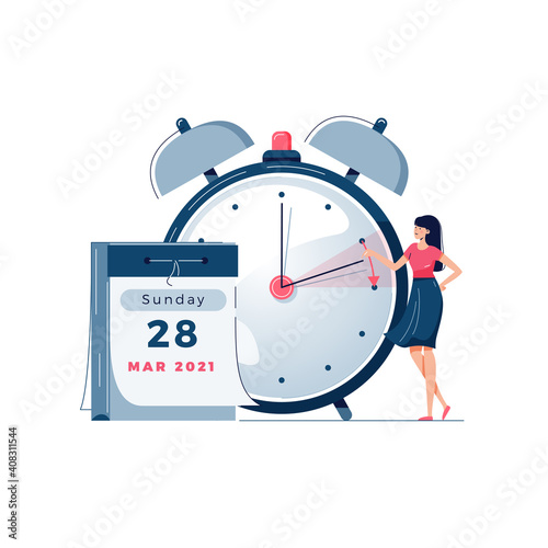 Daylight saving time vector illustration. Woman pushes the clocks forward by an hour, as daylight-saving time begins. Calendar, alarm clock image. Turning to summer time concept for banner. Flat style