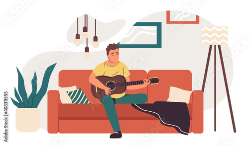 Man on the sofa with guitar. Flat design illustration. Vector