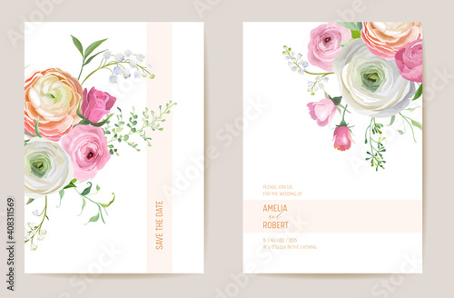 Wedding dried ranunculus, rose, lily floral Save the Date set. Vector spring dry flower, palm leaves invitation card