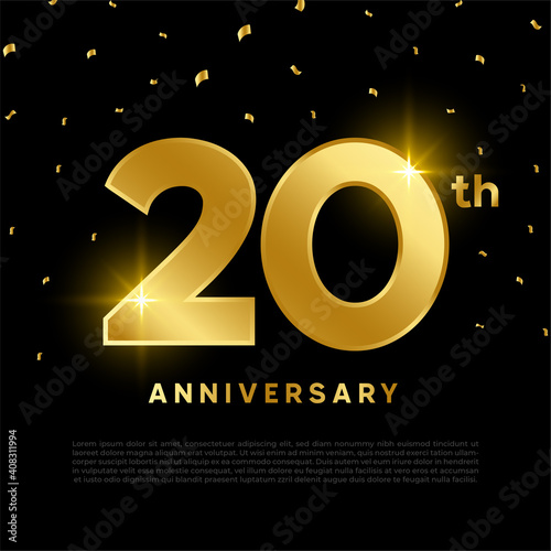 20th anniversary celebration with gold glitter color and black background. Vector design for celebrations, invitation cards and greeting cards.