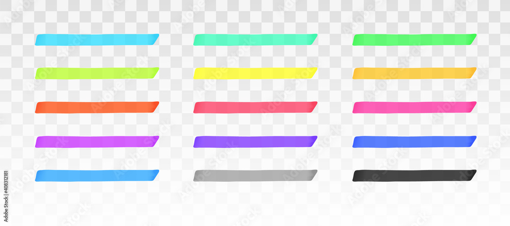 Color highlighter lines set isolated on transparent background. Red, yellow, pink, green, blue, purple, gray, black marker pen highlight underline strokes. Vector hand drawn graphic stylish element