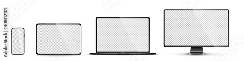 Realistic set of monitor, laptop, tablet, smartphone - PNG. Vector illustration photo