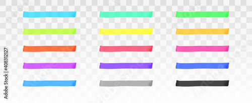 Color highlighter lines set isolated on transparent background. Red, yellow, pink, green, blue, purple, gray, black marker pen highlight underline strokes. Vector hand drawn graphic stylish element