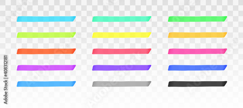 Color highlighter lines set isolated on transparent background. Red, yellow, pink, green, blue, purple, gray, black marker pen highlight underline strokes. Vector hand drawn graphic stylish element