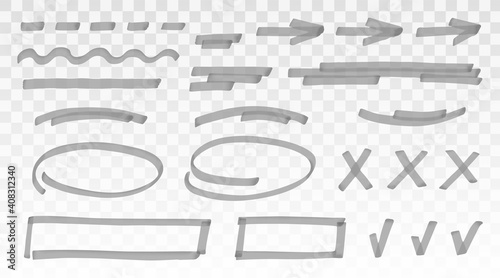 Grey highlighter set - lines, arrows, crosses, check, oval, rectangle isolated on transparent background. Marker pen highlight underline strokes. Vector hand drawn graphic stylish element