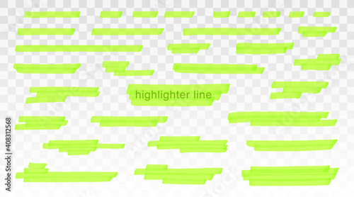 Green highlighter lines set isolated on transparent background. Marker pen highlight underline strokes. Vector hand drawn graphic stylish element