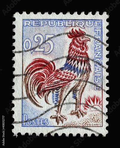 Stamp printed in the France shows Gallic Cock (Gallus gallus domesticus), series, circa 1962