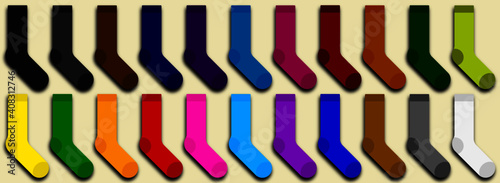Vector graphics. Sketches of clothing and accessories. Multi-colored socks for adults and children. Flat image.