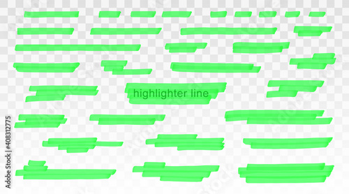 Green highlighter lines set isolated on transparent background. Marker pen highlight underline strokes. Vector hand drawn graphic stylish element
