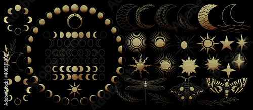 Big set of golden celestial elements. Beautiful gold pain celestial: moons, stars and sun, insects, butterfly and plants. Different moon phases. High quality illustration for your design.  photo