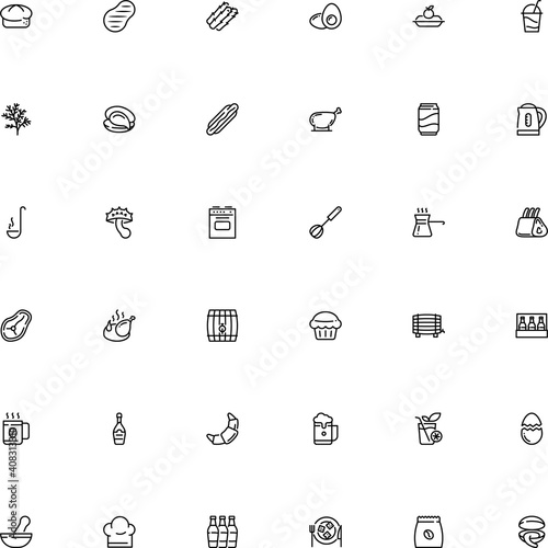 icon vector icon set such as: flat design-egg, tequila, sausage, grey puffball, spare, soda, pharmacy tool, herbal medicine, suillus, mixing, chanterelle, muffin, whisk, template, technology, blender