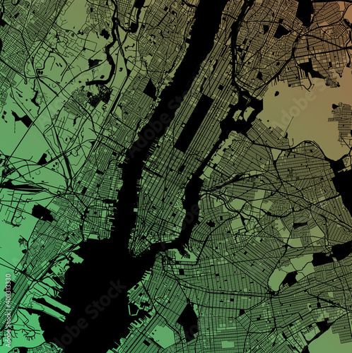 New York, United States (USA) - Urban vector megacity map with parks, rail and roads, highways, minimalist town plan design poster, city center, downtown, transit network, gradient blueprint