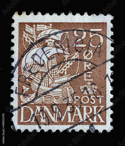 Stamp printed in Denmark shows Caravel Sailship, Series Customs Service - 350th Anniversary, circa 1934 photo