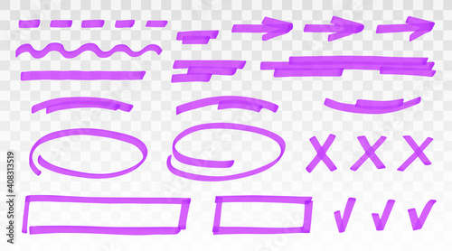 Purple highlighter set - lines, arrows, crosses, check, oval, rectangle isolated on transparent background. Marker pen highlight underline strokes. Vector hand drawn graphic stylish element