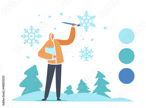 Graphic Design, Typography Service Concept. Designer Artist Male Character in Warm Winter Clothes Painting Snowflakes