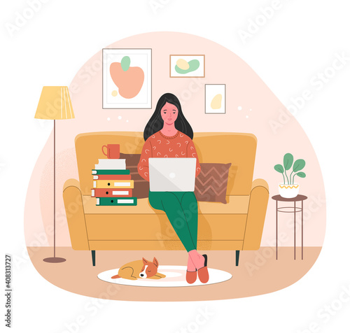Home office concept. Vector flat illustration of young cartoon woman sitting with a laptop on a sofa in her living room. Isolated on background