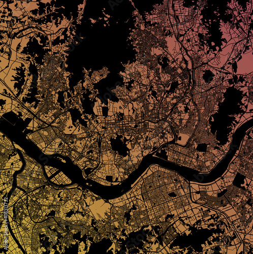 Seoul, Korea, South (KOR) - Urban vector megacity map with parks, rail and roads, highways, minimalist town plan design poster, city center, downtown, transit network, gradient blueprint