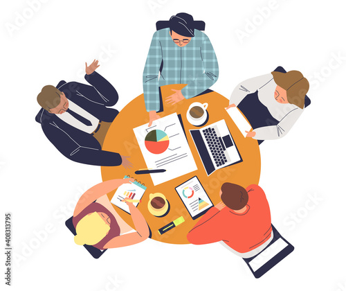 Business team meeting at round table: group of businesspeople working and brainstorming together