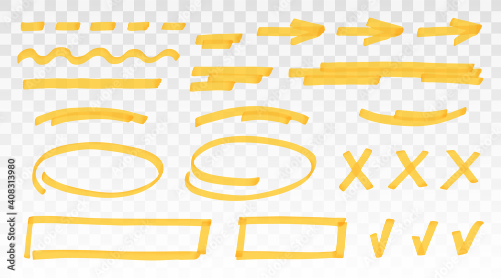 Yellow highlighter set - lines, arrows, crosses, check, oval, rectangle isolated on transparent background. Marker pen highlight underline strokes. Vector hand drawn graphic stylish element - obrazy, fototapety, plakaty 
