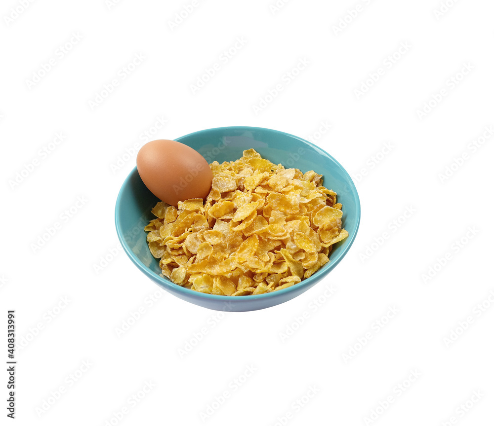 Original taste cereals or cornflakes with boiled egg in blue ceramic bowl isolated on white background with clipping path. The morning food for breakfast concept. Original taste cereals or cornflakes with boiled egg in blue ceramic bowl isolated on white background with clipping path. The morning food for breakfast concept.