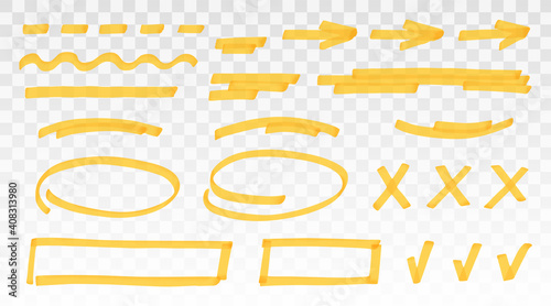 Yellow highlighter set - lines, arrows, crosses, check, oval, rectangle isolated on transparent background. Marker pen highlight underline strokes. Vector hand drawn graphic stylish element photo