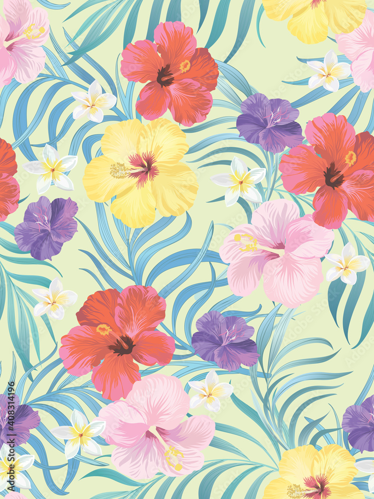 Tropical vector seamless background. Jungle pattern with exitic flowers, and palm leaves. Stock vector. Jungle vector vintage wallpaper Tropical vector seamless background. Jungle pattern with exitic flowers, and palm leaves. Stock vector. Jungle vector vintage wallpaper