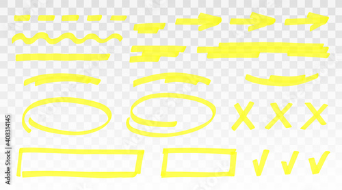 Yellow highlighter set - lines, arrows, crosses, check, oval, rectangle isolated on transparent background. Marker pen highlight underline strokes. Vector hand drawn graphic stylish element