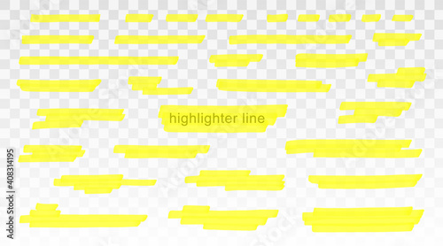 Yellow highlighter lines set isolated on transparent background. Marker pen highlight underline strokes. Vector hand drawn graphic stylish element