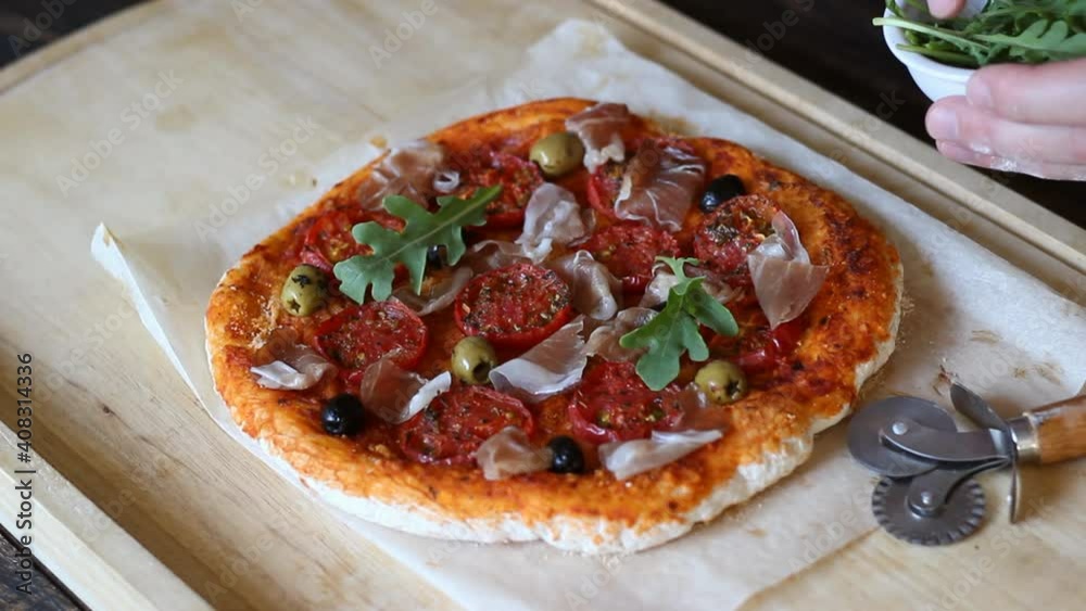 The process of making Italian pizza. Filling. Italian cuisine. The process of making Italian pizza. Filling. Italian cuisine.