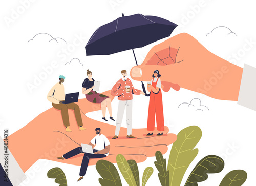 Boss hand holding tiny cartoon office workers with concept of employee care and protection