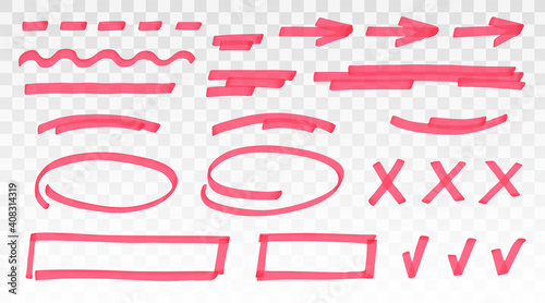 Red highlighter set - lines, arrows, crosses, check, oval, rectangle isolated on transparent background. Marker pen highlight underline strokes. Vector hand drawn graphic stylish element