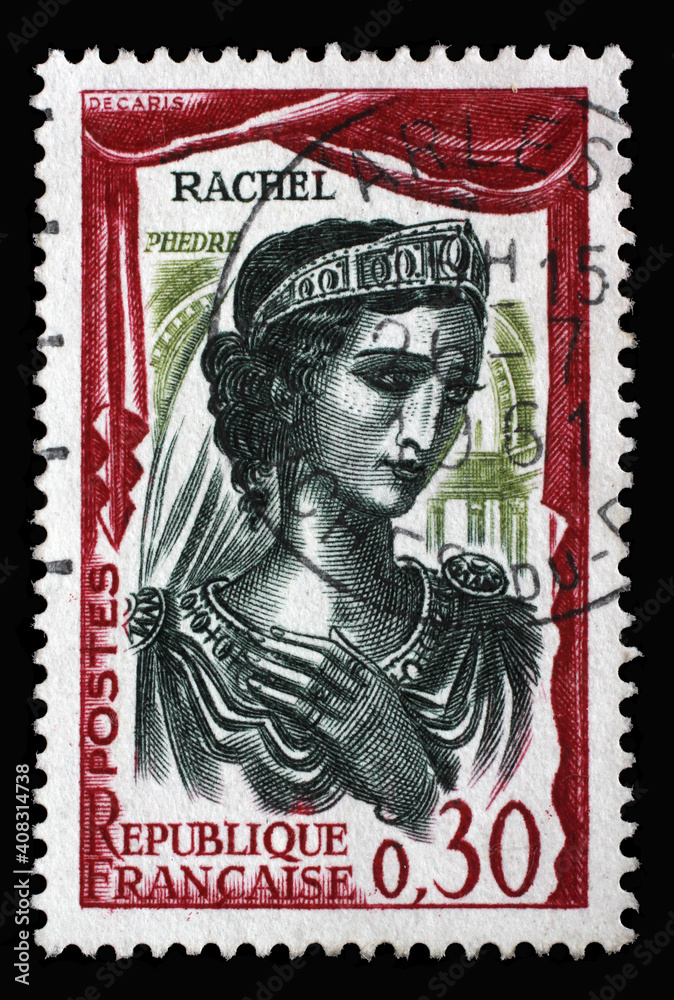 Stamp printed in the France shows Elisabeth Felix, better known as Mademoiselle Rachel (1821-1858), famous French actress for her role in a dramatic tragedy, Famous actors series, circa 1961