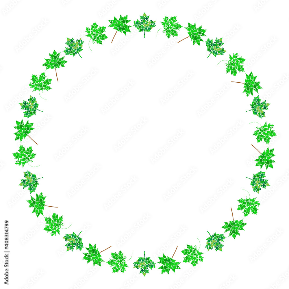 Maple leaf circle frame. Green abstract round border. Spring leaves made by circles. Vector design for springtime banner or background. Maple leaf circle frame. Green abstract round border. Spring leaves made by circles. Vector design for springtime banner or background.