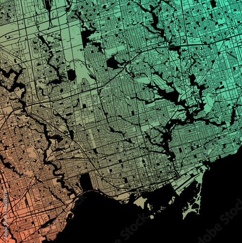Toronto, Ontario, Canada (CAN) - Urban vector megacity map with parks, rail and roads, highways, minimalist town plan design poster, city center, downtown, transit network, gradient blueprint