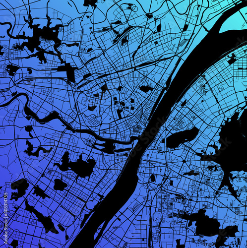 Wuhan, Hubei, China (CHN) - Urban vector megacity map with parks, rail and roads, highways, minimalist town plan design poster, city center, downtown, transit network, gradient blueprint
