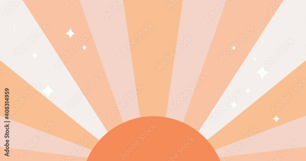 Animated retro backgrounds in 1970s style with sun, rainbow, shining stars, stripes and waves. Aesthetic abstract trendy pattern in an earthy palette. Vintage looping animation.
