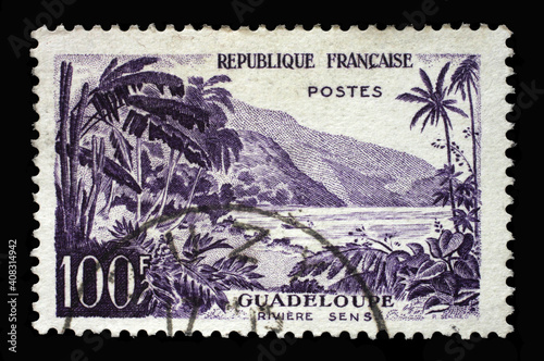 Stamp printed in the France shows Guadeloupe (River Sens), Tourism series, circa 1959