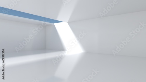 Empty room with white walls and openings on the ceiling overlooking the sky. There was a beam of light in the room. Showroom concept and warehouse. 3d rendering