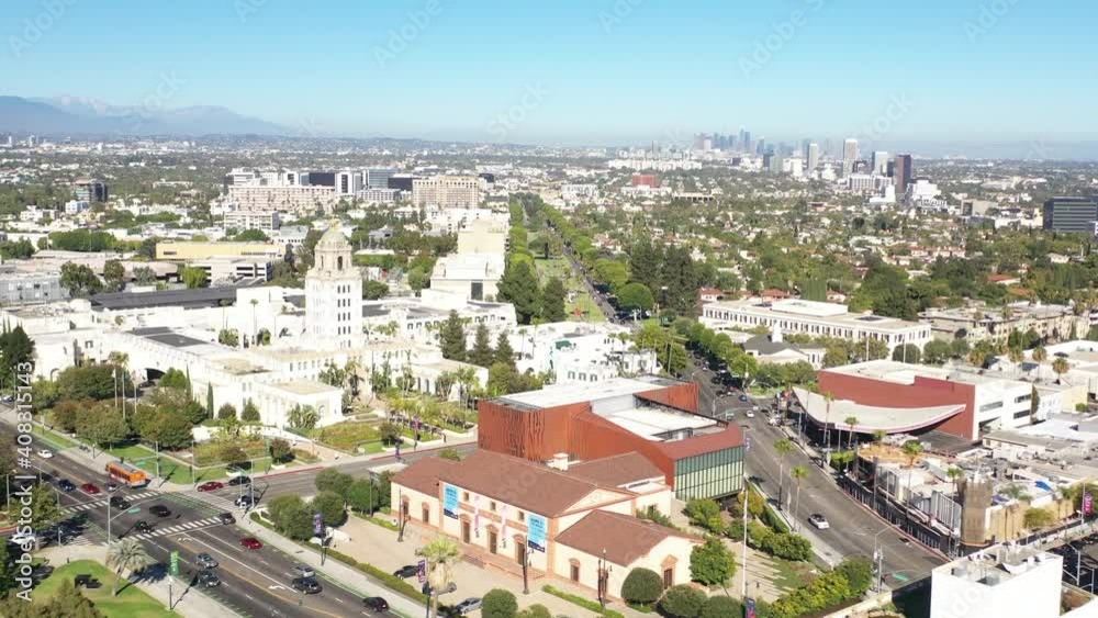 Flying Towards Los Angeles Downtown Skyline View Flying Towards Los Angeles Downtown Skyline View