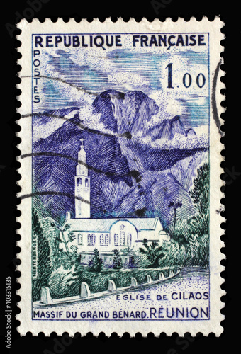 Stamp printed in the France shows Reunion, Cilaos Church - Grand Massif Benard, series, circa 1960 photo