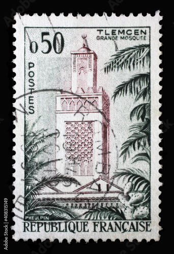 Stamp printed in the France shows Mosque Tlemcen (Algeria), Tourism series, circa 1960 photo