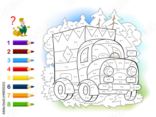 Math education for little children. Coloring book. Mathematical exercises on addition and subtraction. Solve examples and paint the lorry. Developing counting skills. Worksheet for kids.