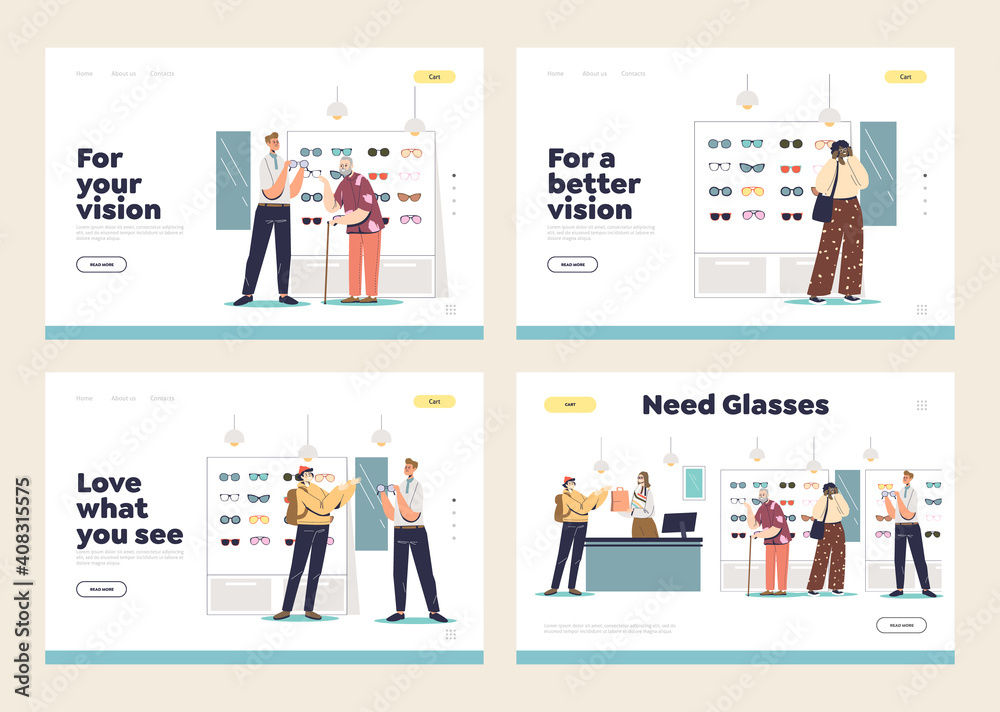 Set of landing pages with optics store customers choosing and buying eyeglasses