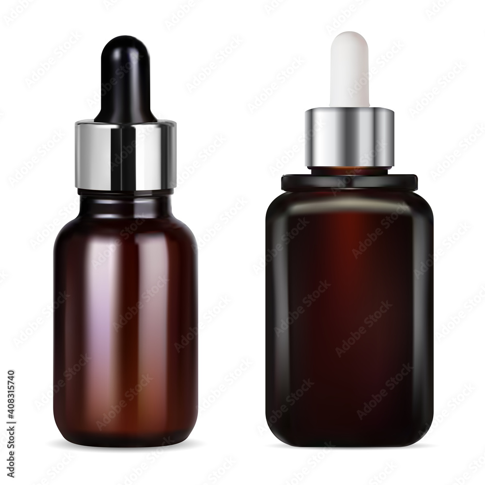 Brown glass dropper bottle for cosmetic oil, serum, mockup without label.  Medicime bottles with dropper realistic clear mock up blank. Organic aroma  perfume flask with drop cap, essence product Stock Vector