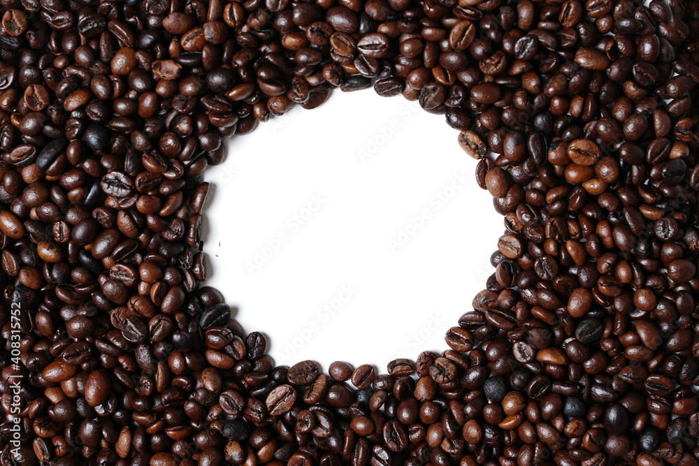 Concept wallpaper for a coffee shop. The scattered coffee beans are combined with a plain background. The texture of the coffee beans is very striking. Template background for mockup design.