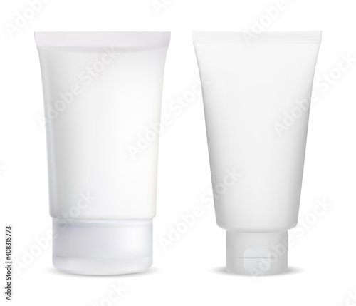 Cream tube blank. Cosmetic lotion package white. Gel container mockup. Medical product wrapper illustration. Soft tubes for tooth paste or acne creme or sunscreen. Squeeze pack with cap